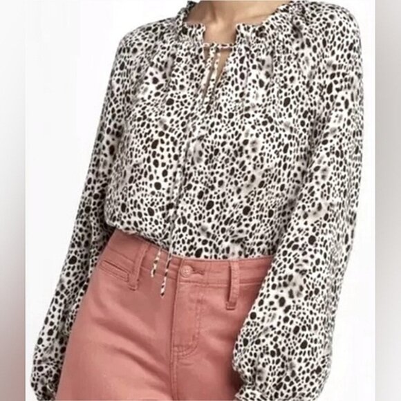 3/$20 A New Day Flowy Cheetah Print Blouse Smocked Keyhole Long Balloon Sleeve - Picture 1 of 14